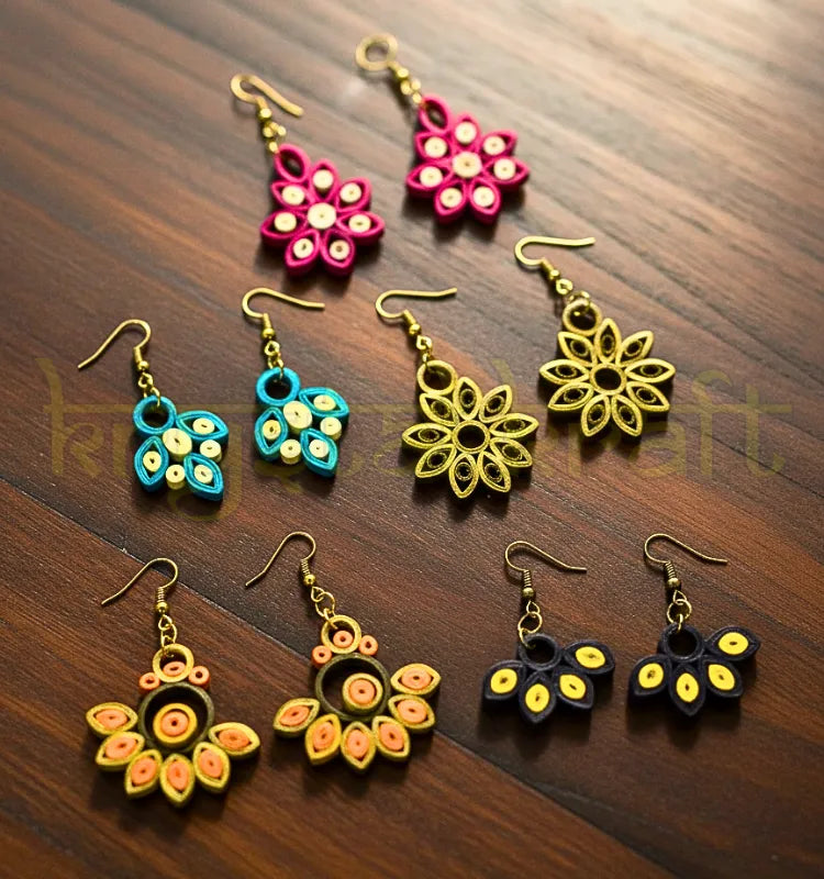 “Handmade paper quilling earrings set of 5 by Krystal Kraft featuring colorful jhumka and stud designs crafted by artist Farisa Merchant”