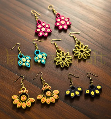 “Handmade paper quilling earrings set of 5 by Krystal Kraft featuring colorful jhumka and stud designs crafted by artist Farisa Merchant”