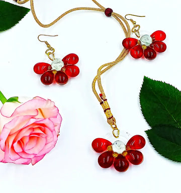 Radiant Red Flower Pendant Necklace & Earrings