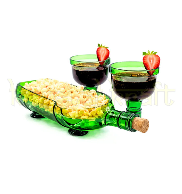 Tanqueray Green Upcycled Bottle Glasses Set with Platter – Recycled Wine Bottle Glasses (Set of 2)