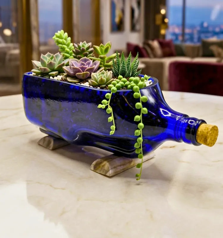 Table top 2 litre antiquity blue bottle planter with money plant on wooden table