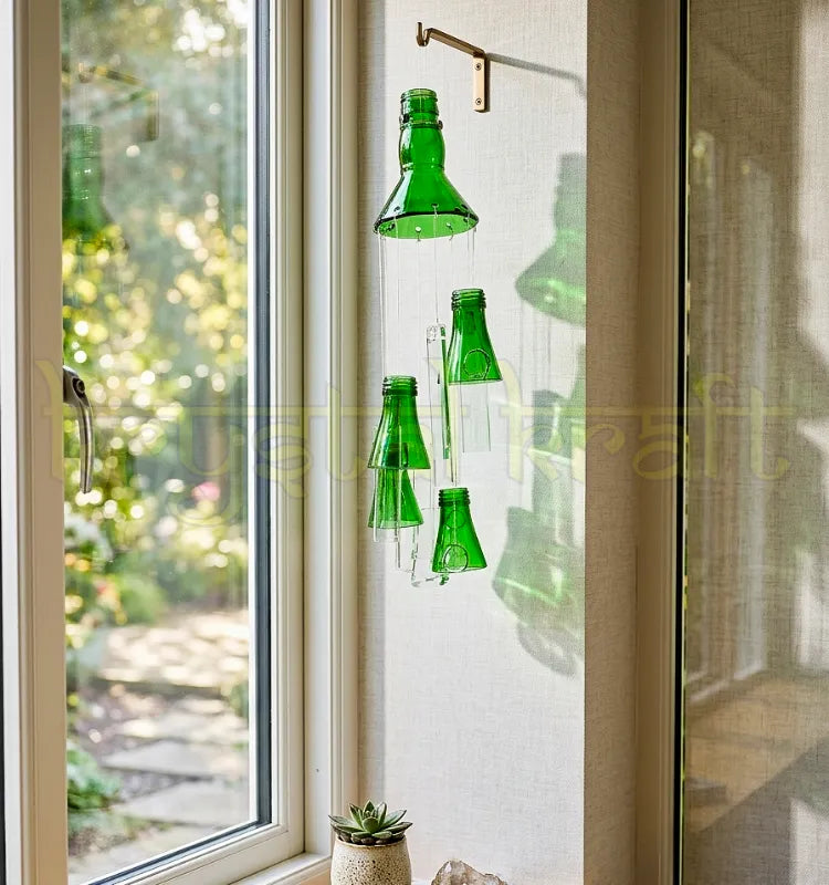 Upcycled glass bottle wind chime handmade by Krystal Kraft artist — unique home decor