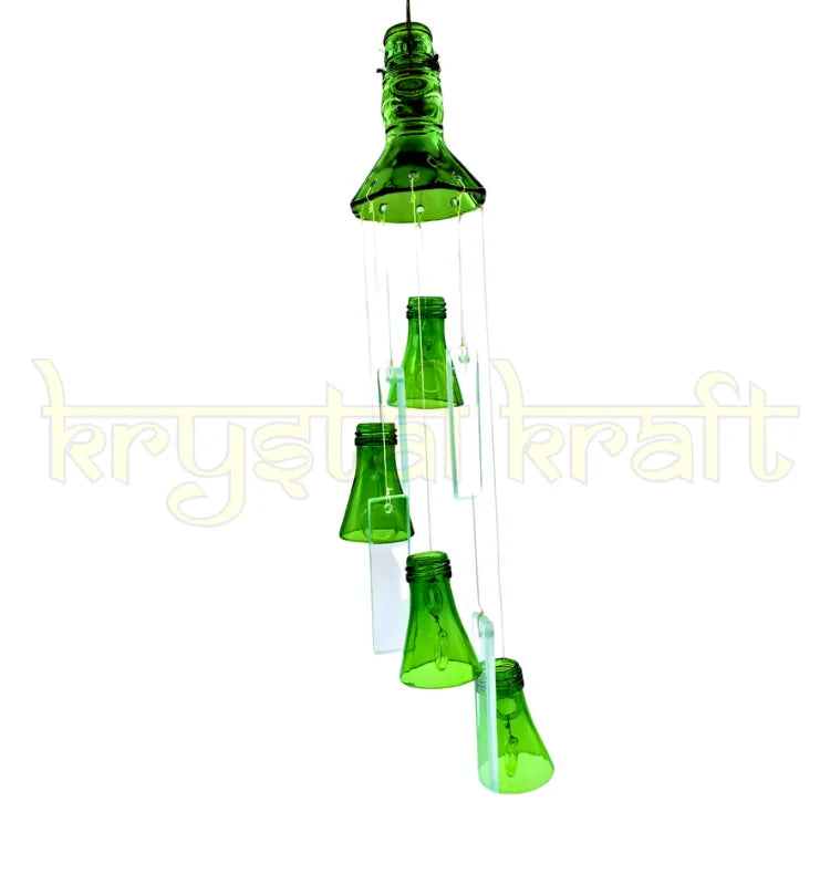Close-up of handcrafted glass bottle wind chime showing upcycled bottles — Krystal Kraft studio