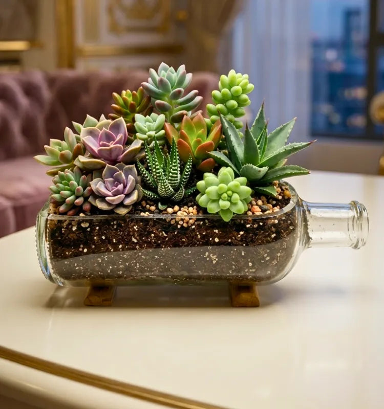 Absolut glass bottle tabletop planter with wooden base by Krystal Kraft