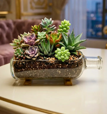 Absolut glass bottle tabletop planter with wooden base by Krystal Kraft