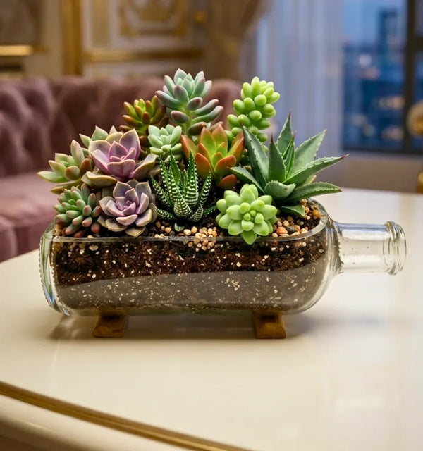 Absolut glass bottle tabletop planter with wooden base by Krystal Kraft