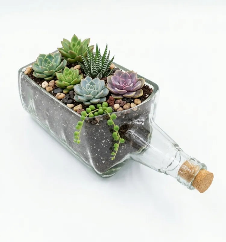 Close-up of the glass bottle planter showing its visible shape and finish.