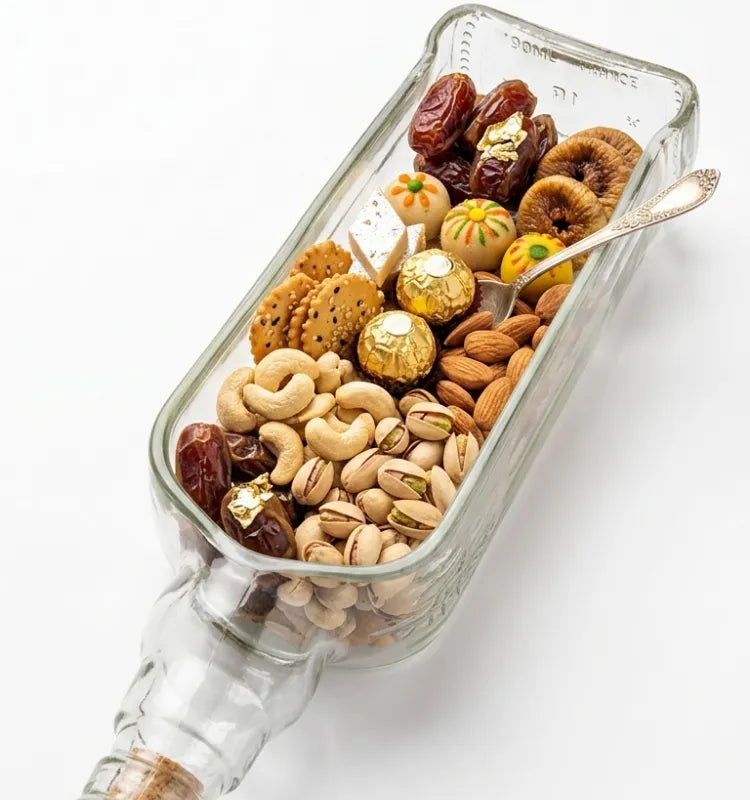 Side view of the Teacher’s Bottle Serving Platter showing its bottle-inspired shape.