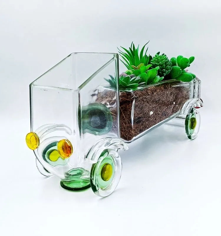 Eco-Friendly Vintage Truck Planter - Upcycled Glass Bottle Art