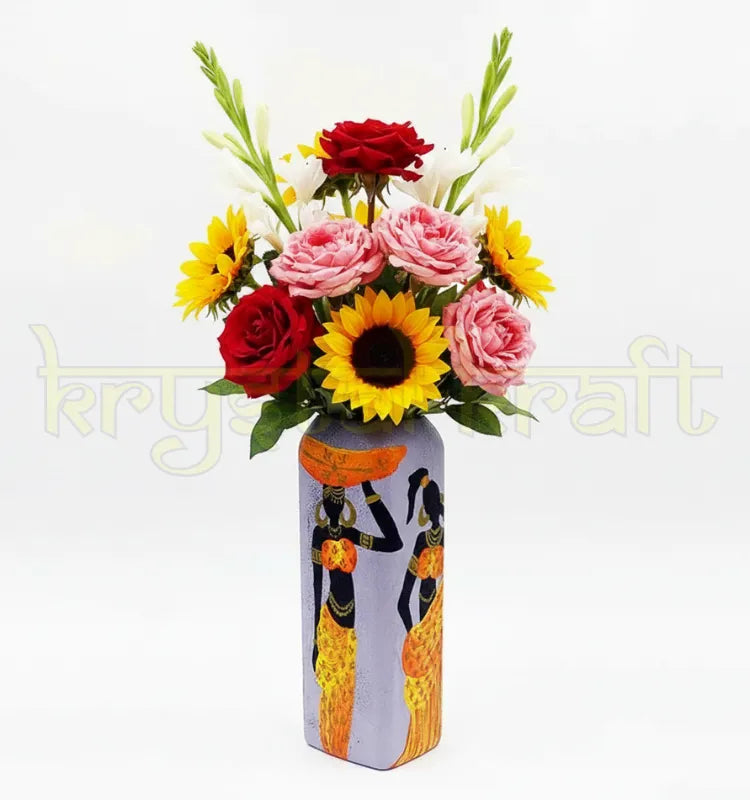 Elegant hand-painted African Lady vase made from a recycled glass bottle, featuring detailed tribal lady artwork and a glossy Liquitex protective finish for lasting beauty.