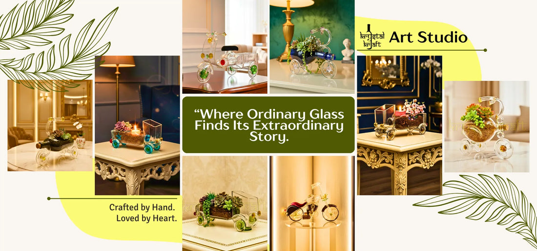 “Handcrafted artistic masterpiece made from upcycled glass, unique home décor art piece by Krystal Kraft.”