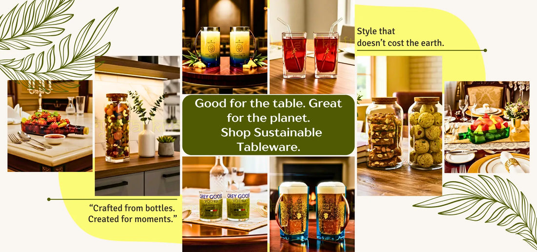 “Eco-friendly sustainable tableware crafted from recycled glass bottles, premium green dining products.”