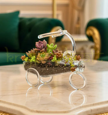 Bloom Buggy handmade glass planter crafted from upcycled waste glass bottles in a baby carriage design with clear wheels and coco-coir lining — perfect for succulents, air plants, or eco-conscious home décor.