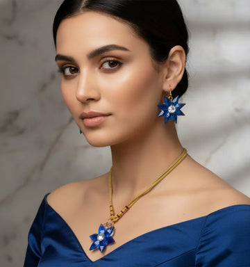 Handcrafted blue crystal star glass earrings with matching pendant made by Indian artisan Shazia Merchant from Krystal Kraft.