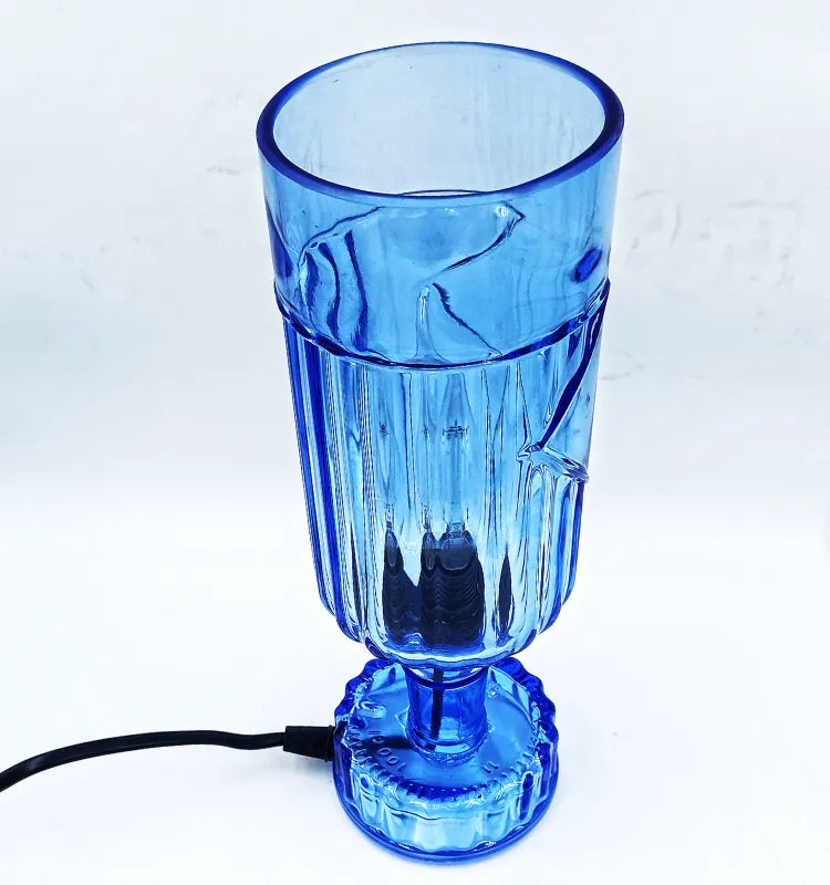 Handmade table lamp from repurposed blue glass bottle, aesthetic night lamp decoration for living room."