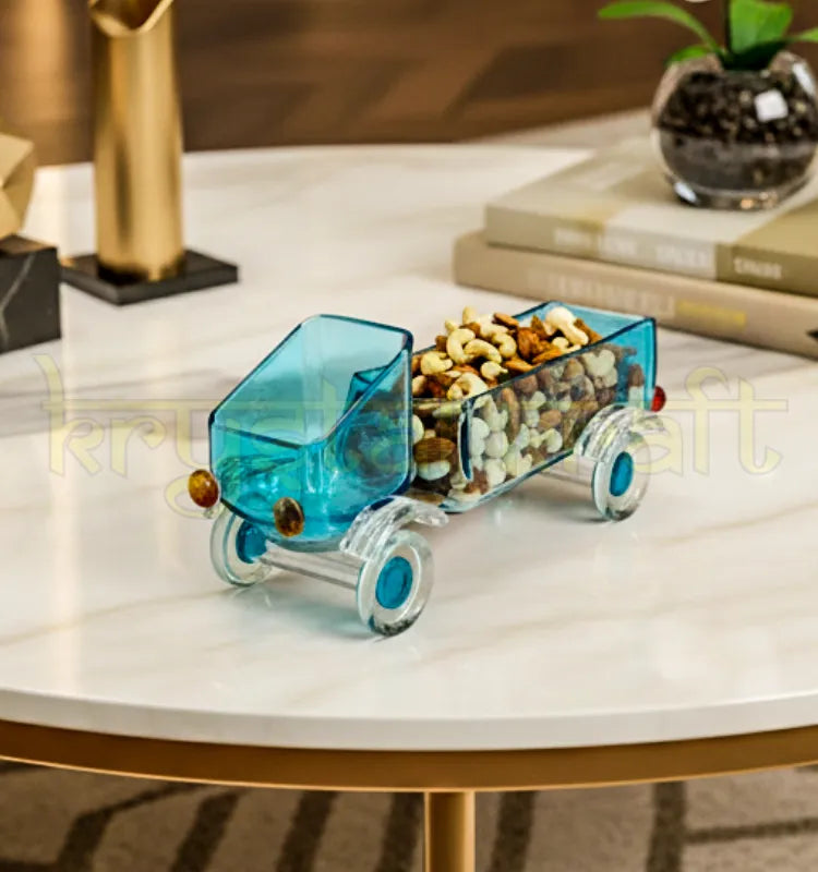 Handcrafted Bombay Sapphire Truck Glass Serving Bowl by Krystal Kraft, made from recycled gin bottles – a unique upcycled glass truck design ideal for serving nuts, candies, or as a decorative candleholder centerpiece.