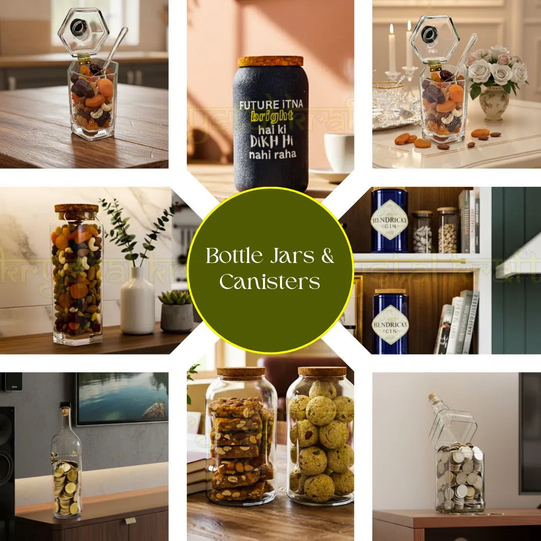 "Handcrafted upcycled glass bottle jars and canisters by Krystal Kraft – eco-friendly storage and decorative home organization made in India"
