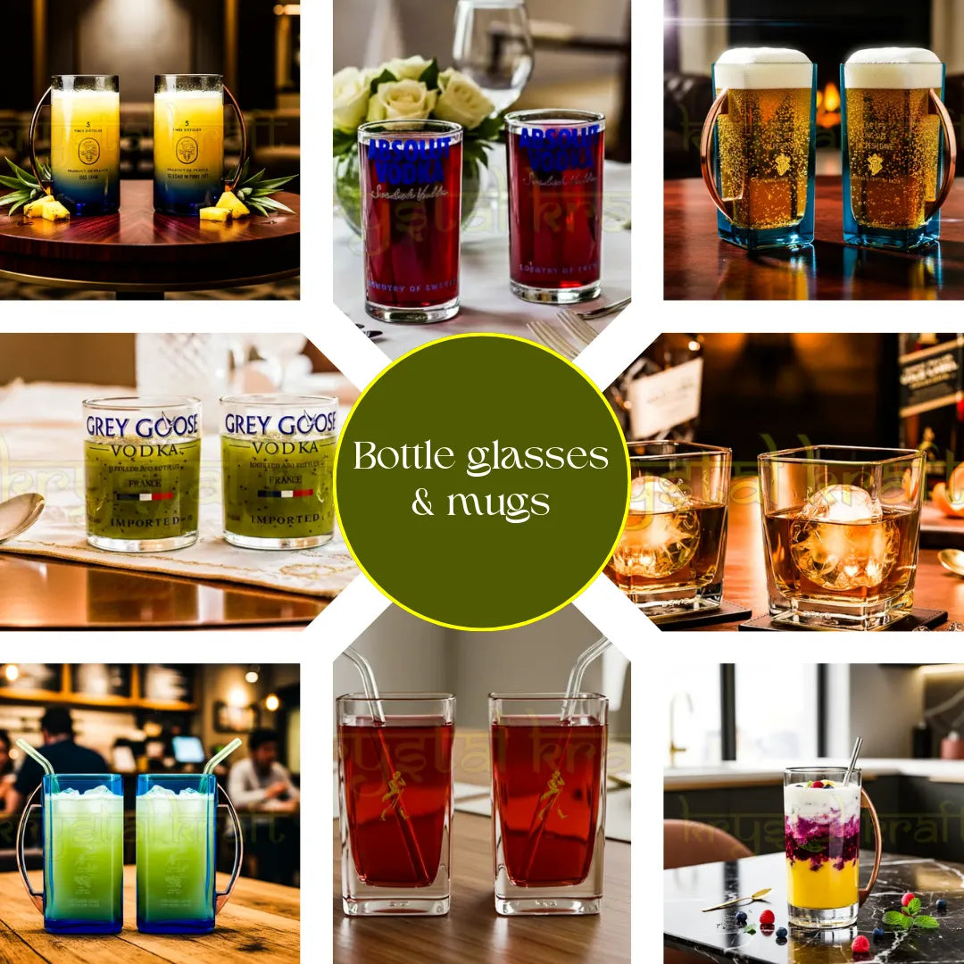 “Upcycled bottle glasses and mugs by Krystal Kraft – eco-friendly handmade glassware and sustainable drinkware gift collection from India”