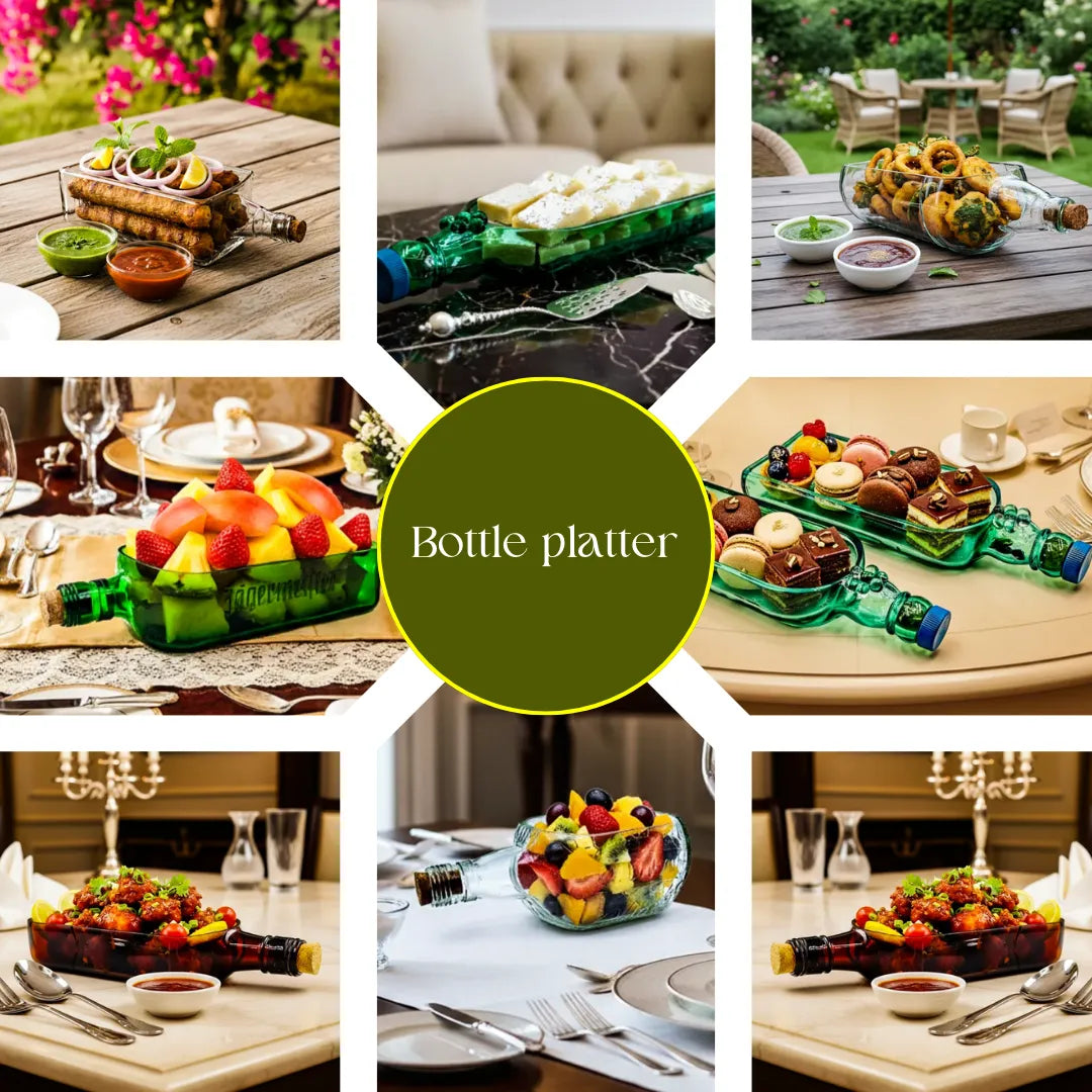 “Handcrafted bottle platter by Krystal Kraft – upcycled glass serving platter for eco-friendly tableware and gifting in India”