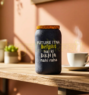 Handcrafted upcycled Jaisalmer glass jar featuring the quote “Future itna bright hai ki dikh hi nahi raha,” polished finish, and eco-friendly design for stylish sustainable decor.
