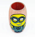 Hand-painted recycled glass mini bottle featuring a cheerful Buoyant Minion design with yellow and grey tones — sealed with Liquitex for glossy, lasting finish.