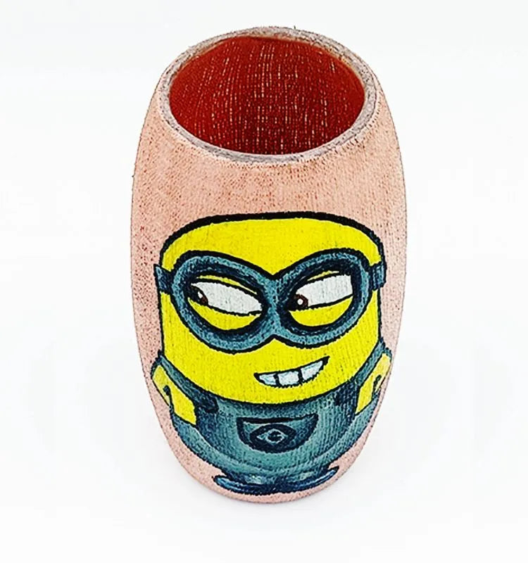Hand-painted recycled glass mini bottle featuring a cheerful Buoyant Minion design with yellow and grey tones — sealed with Liquitex for glossy, lasting finish.