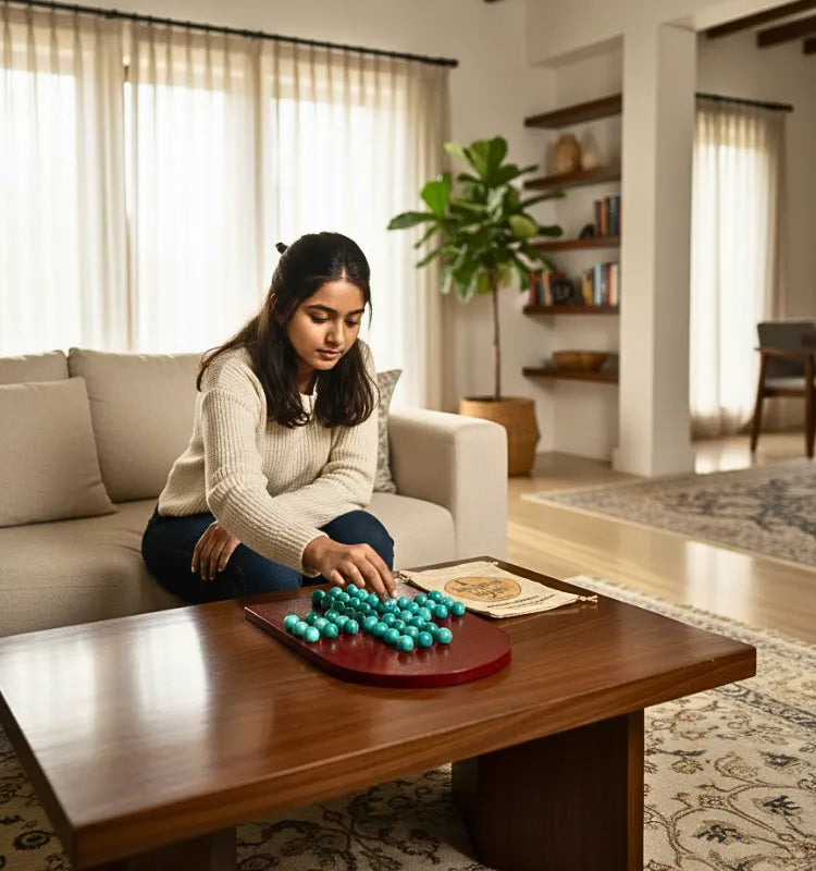 Top view of the classic wooden Brainvita strategy board game featuring arranged marbles for smart puzzle play.
