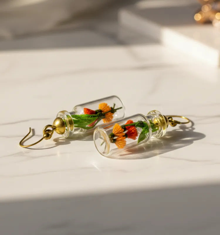 Close-up of colorful glass bottle earring showing handcrafted details by Shazia Merchant