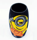 Eco-friendly Cool Minion painting on a black recycled mini bottle, sealed with Liquitex for durability — perfect as a vase, pen holder, or creative gift.