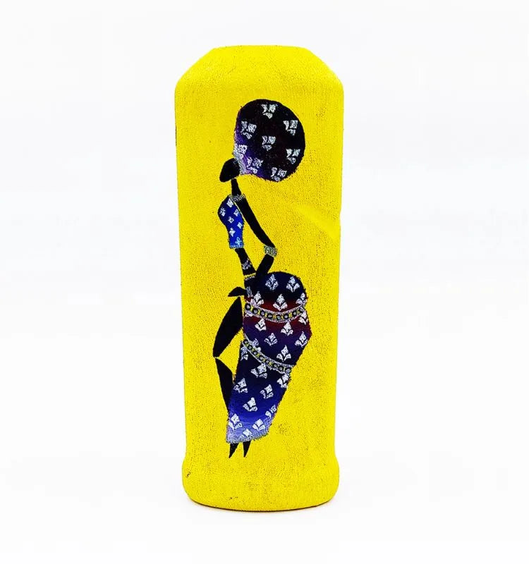 Dancing African Lady hand-painted vase crafted from recycled glass bottles — a stunning handmade décor item and thoughtful eco-friendly gift for art lovers.
