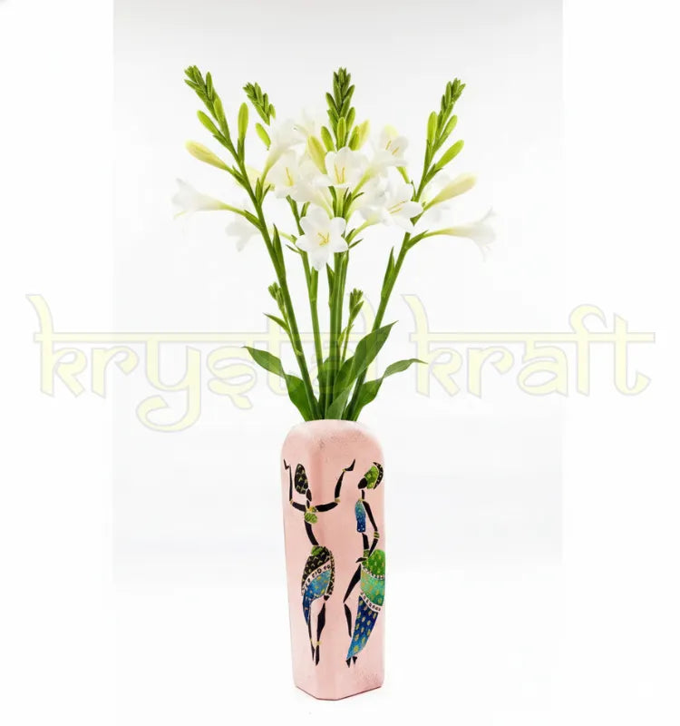 Beautifully hand-painted recycled glass bottle vase by Farisa Merchant featuring a Dancing African Lady in vibrant acrylic hues on a soft pink background — perfect eco-friendly décor accent for modern homes.