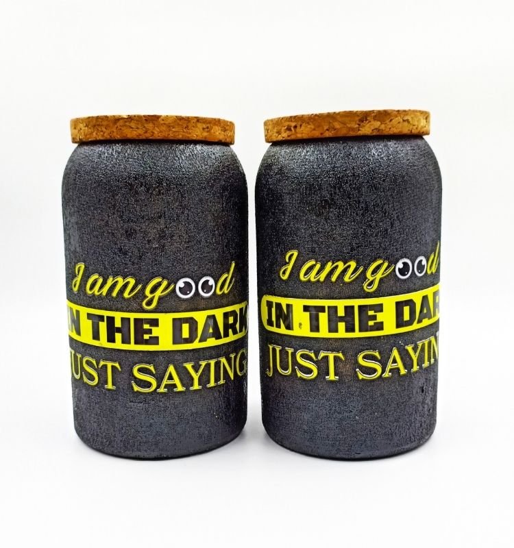 Stylish upcycled Jaisalmer glass bottle jar handcrafted by Krystal Kraft, featuring a smooth finish and custom quote design—ideal for sustainable home styling.