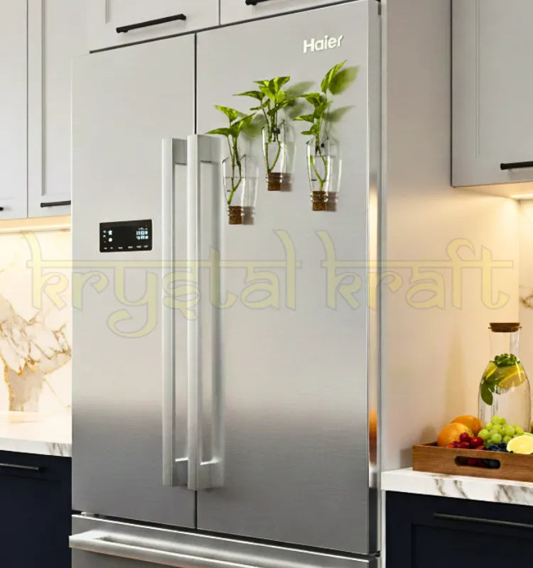 Set of three eco-chic mini glass bottle fridge magnets by Krystal Kraft, each featuring lifelike faux flowers in white, yellow, and purple with natural cork stoppers — elegant magnetic planters for stylish kitchen and home décor.