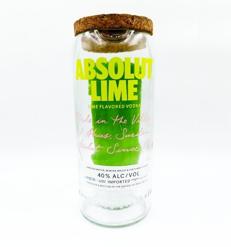 Handcrafted Absolut Lime upcycled glass jar with smooth finish and preserved branding, perfect for decorative use, storage, or eco-friendly gifting.