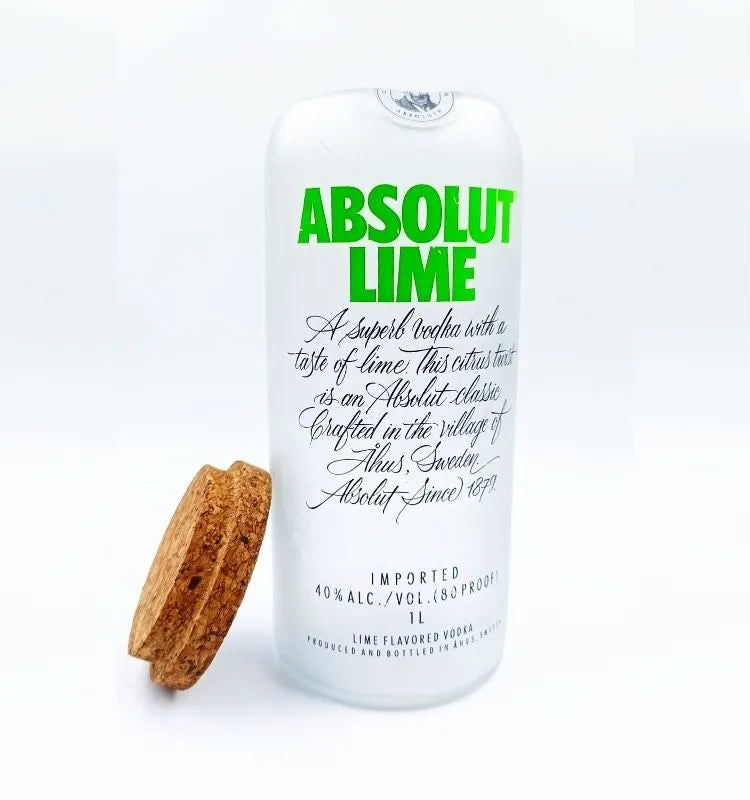 Beautiful handcrafted Absolut Lime glass jars with preserved logo and modern design, perfect as eco-friendly gifts or decorative home accents.