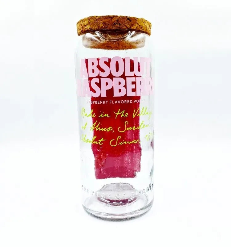 Elegant handcrafted Absolut Raspberri upcycled jar made from original glass bottle, perfect as a vase, storage jar, or eco-conscious decorative piece.