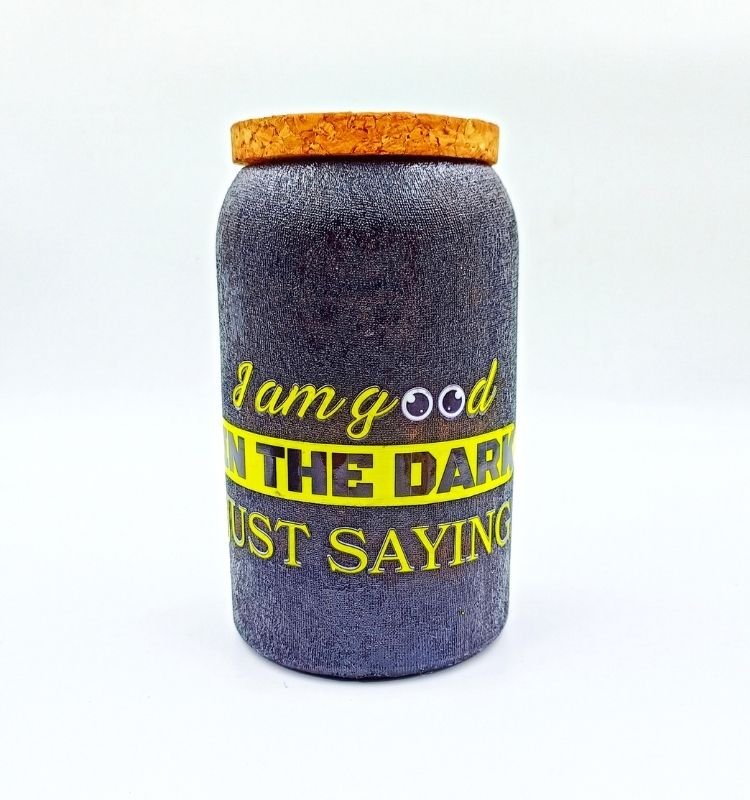 A beautifully polished upcycled Jaisalmer glass jar handcrafted by Krystal Kraft, featuring vibrant branding and customizable eco-friendly design.