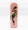 Eco-friendly hand-painted African Lady bottle art on recycled glass with a soft pink base — an artistic, durable, and elegant décor vase ideal for tables or shelves.