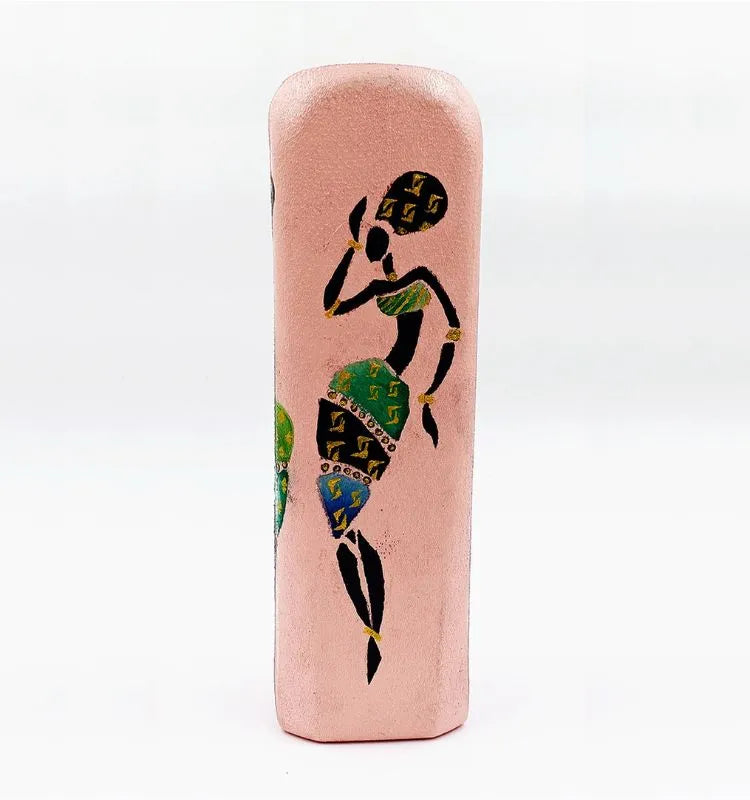 Eco-friendly hand-painted African Lady bottle art on recycled glass with a soft pink base — an artistic, durable, and elegant décor vase ideal for tables or shelves.
