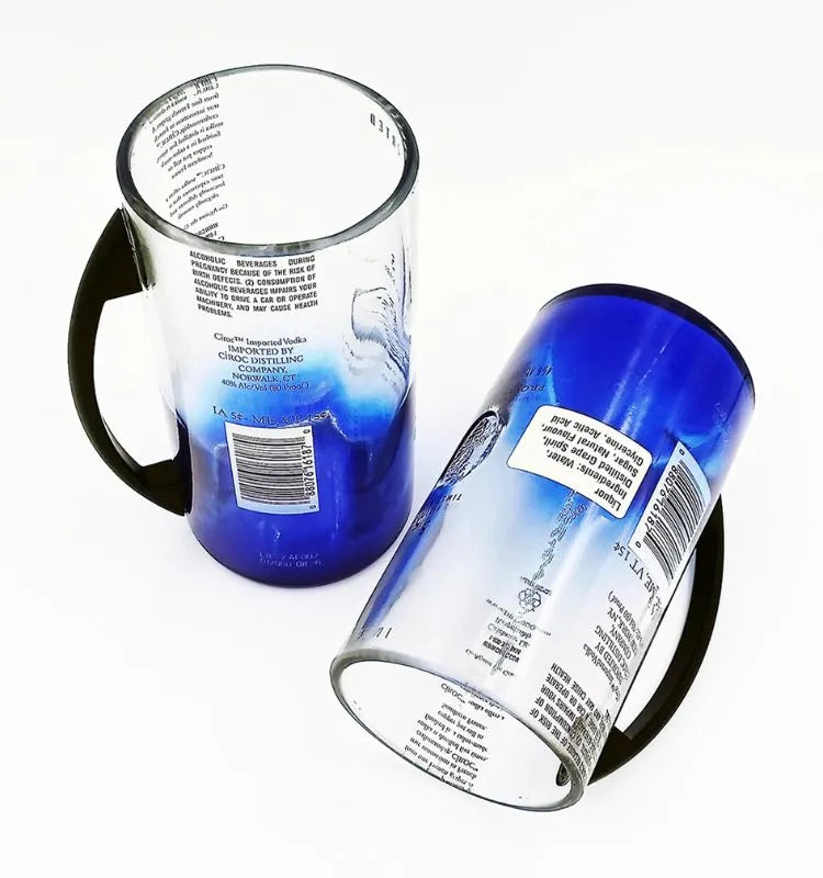 Pair of upcycled Ciroc mugs with sturdy handle, sustainable glassware for modern living.”