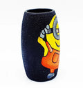 Creative handmade Cool Minion bottle art on a recycled black glass base — a sustainable mini vase or gifting option with orange and yellow highlights.