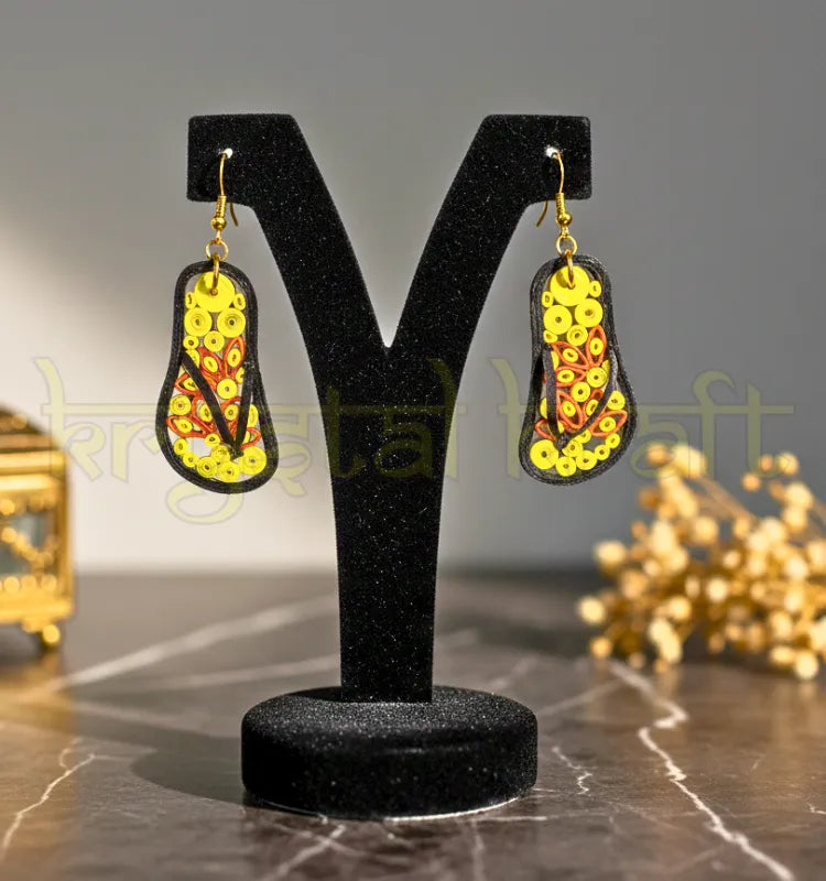Orange and yellow flip-flop paper quilling earrings by Krystal Kraft, handmade eco-friendly statement jewelry.