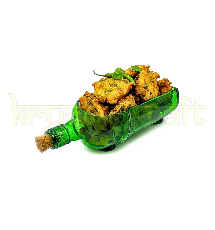 Tanqueray green upcycled bottle platter with two glasses by Krystal Kraft