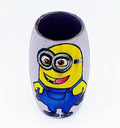 Playful Bob Minion hand-painted on a pink recycled glass mini bottle with blue and yellow acrylics — a perfect sustainable décor and gifting piece.