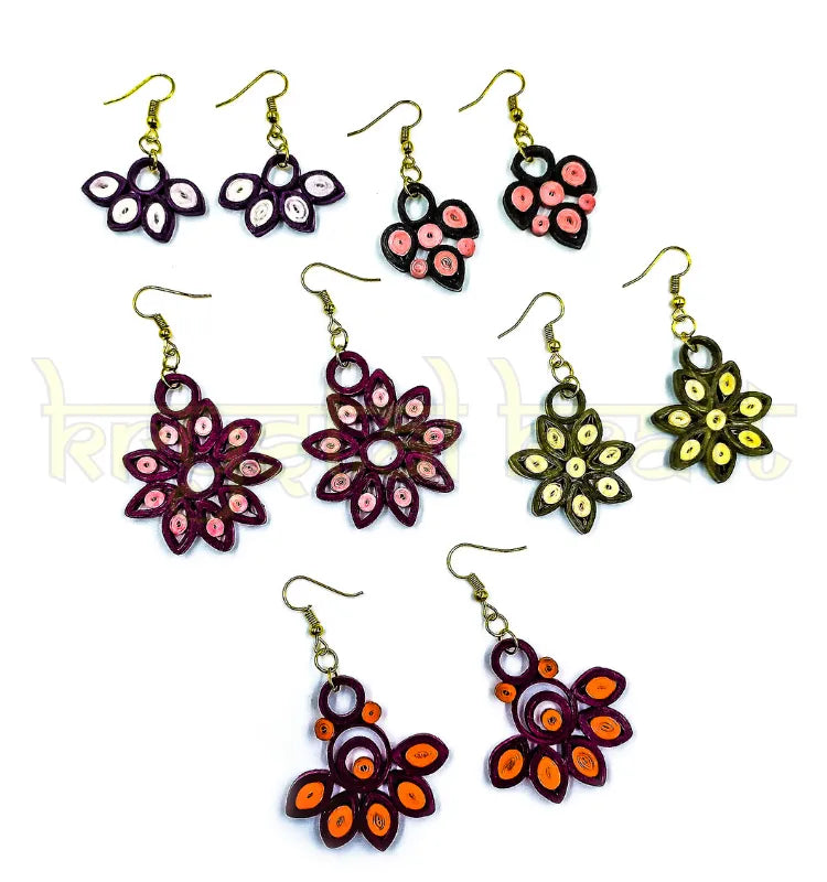 Multicolor handmade paper quilling earrings set crafted by Indian artisan Farisa Merchant for Krystal Kraft.