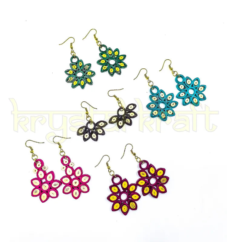 Handmade paper quilling earrings set of 5 by Krystal Kraft featuring colorful jhumka and stud designs crafted by artist Farisa Merchant.