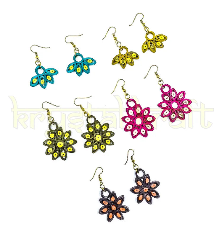 Set of 5 handmade paper quilling earrings by Krystal Kraft, eco-friendly lightweight jewelry crafted by Farisa Merchant