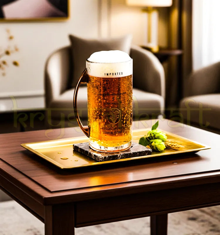 Handcrafted eco-friendly beer mug made from repurposed Ciroc Peach bottle by Krystal Kraft, showcasing sustainable upcycled glassware design.