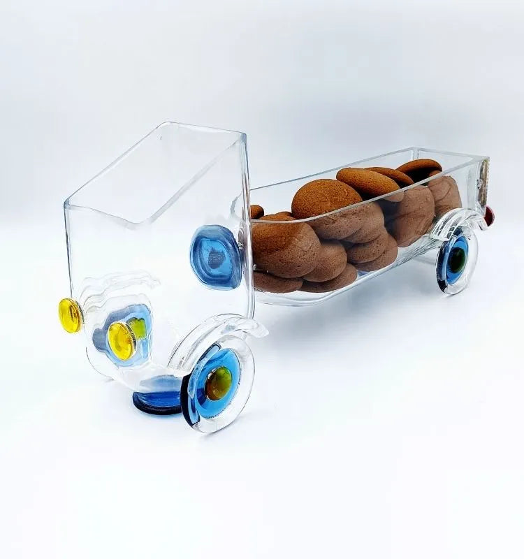 Eco-friendly Zoom Zoom Glass Truck Snack Server made from recycled whisky bottle by Krystal Kraft, ideal for serving treats, displaying flowers, or creating a warm decorative ambiance.