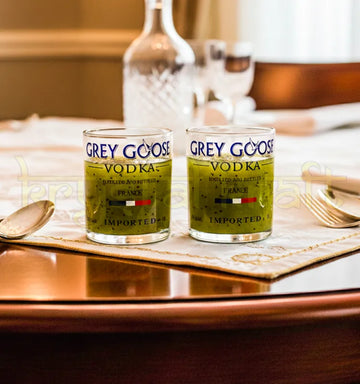 Handcrafted short glasses made from original Grey Goose bottles with frosted finish.